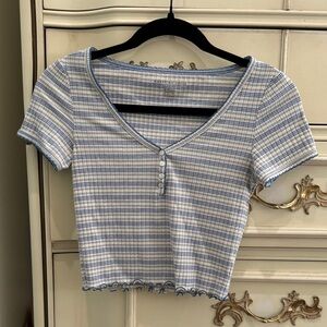 American Eagle Outfitters Blue Plaid V-Neck Top